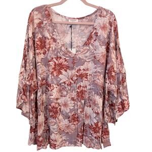 NWT Andree by Unit Babydoll Top 3X Boho Floral Flutter Sleeve Peasant Mauve Pink